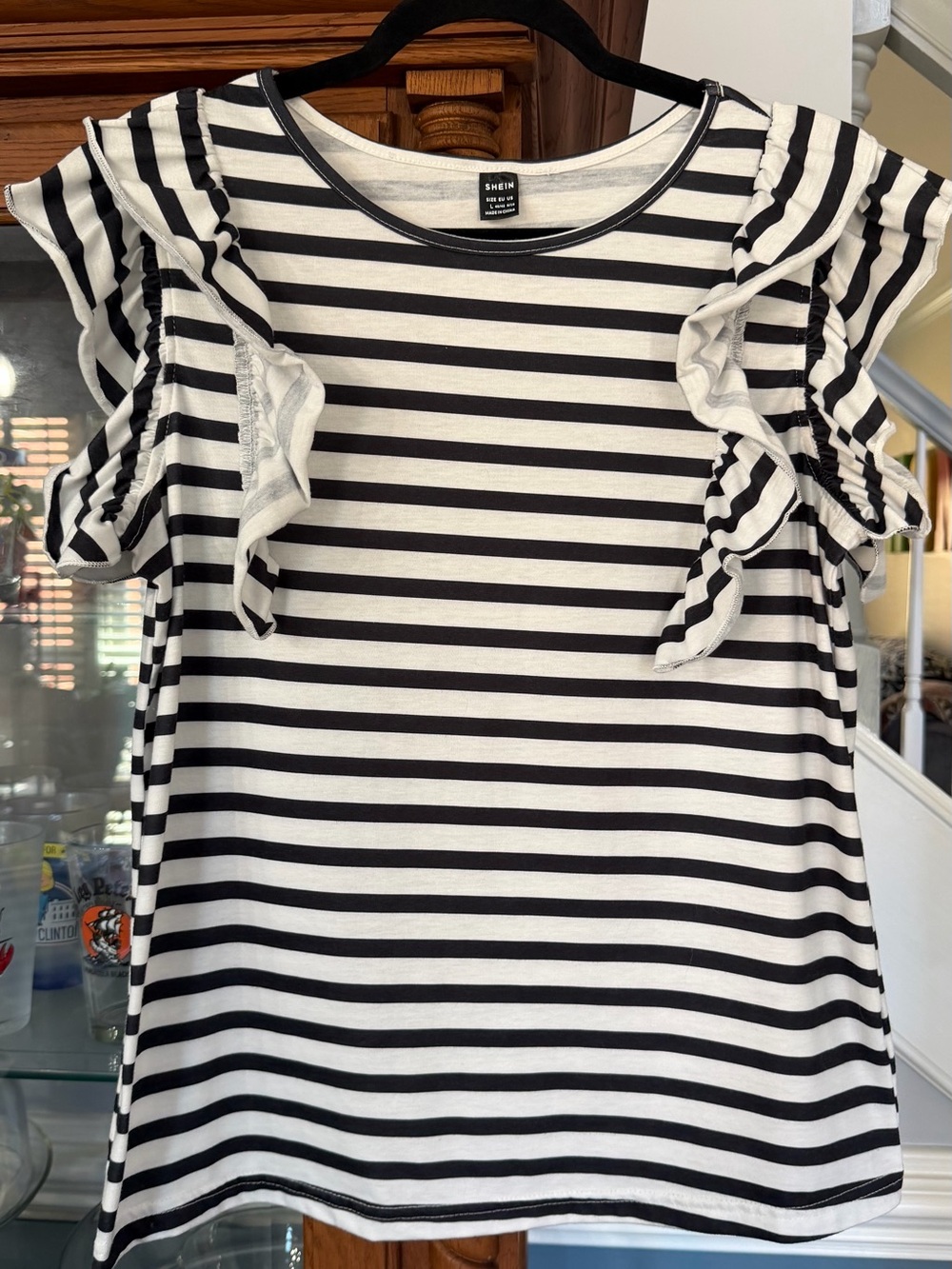 SHEIN Black & White Striped Ruffle Sleeve Women's Top